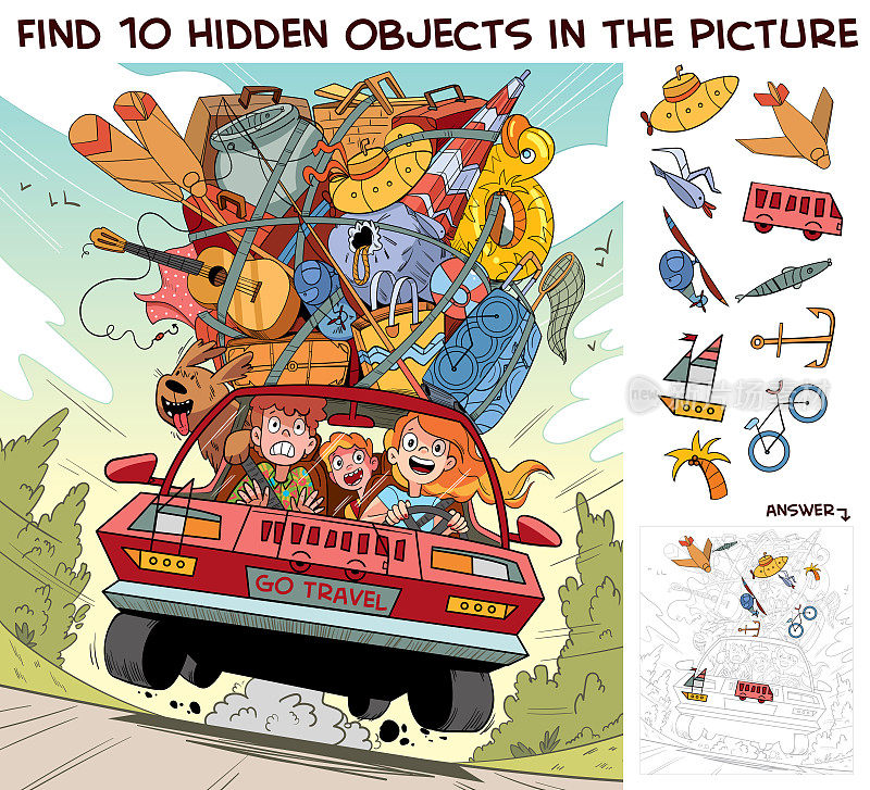 Travel by car on family vacation. Find 10 hidden objects in the picture
